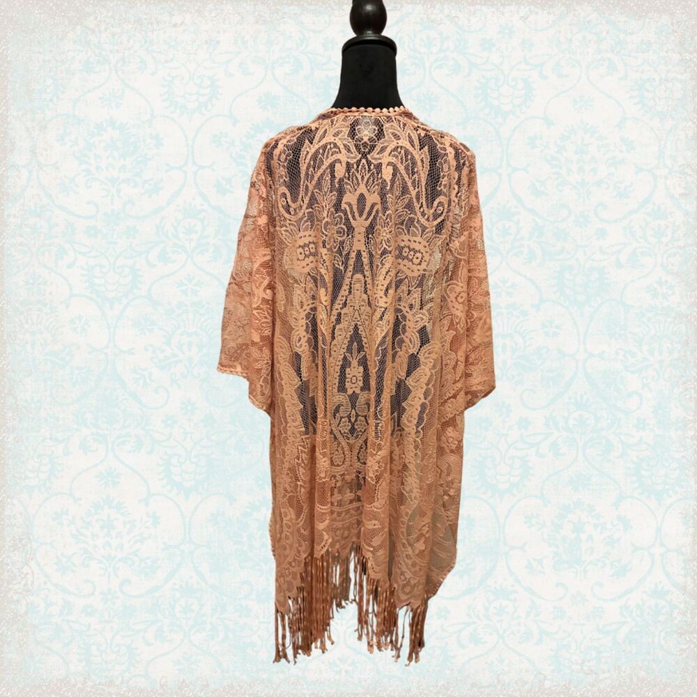 Mixit Women's Blush Pink Lace Fringe Kimono OS - Picture 3 of 6